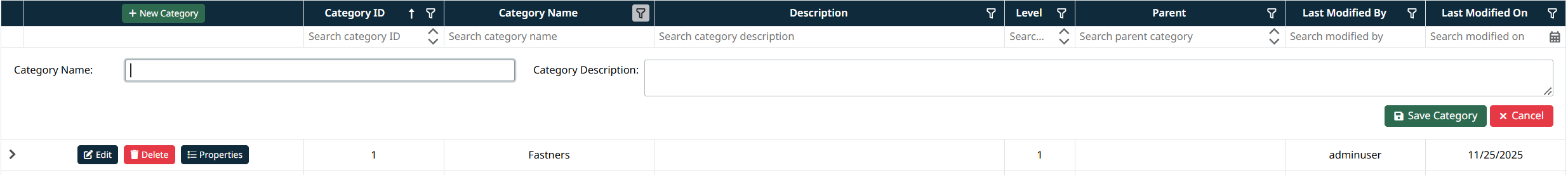 Creating a New Category Screen